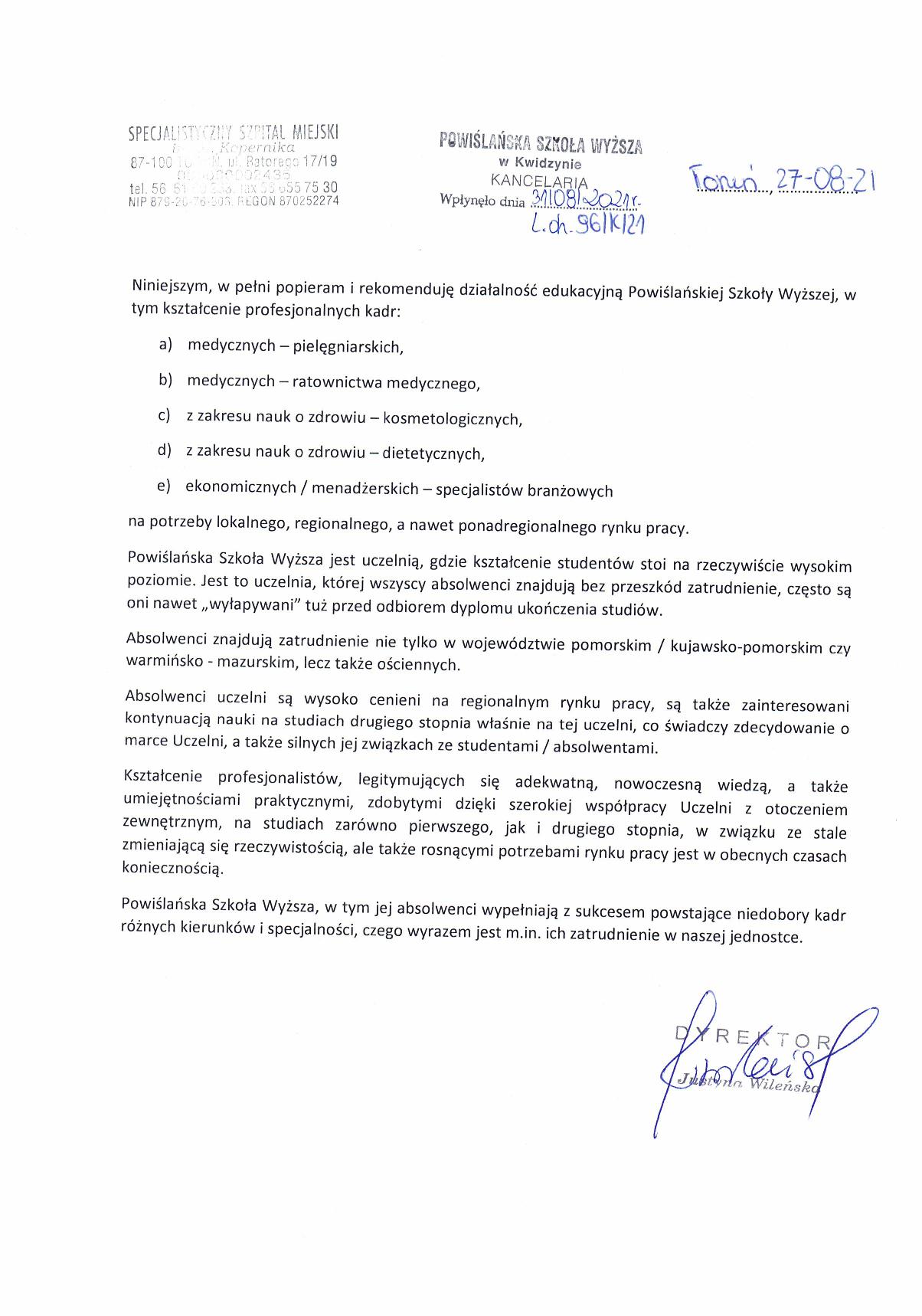 Rekomendacja  Szpital Miejski Toruń  działalność edukacyjna